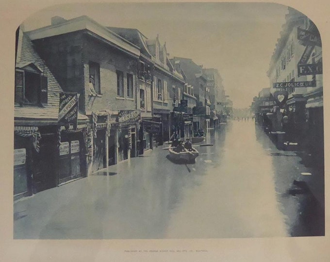 Flood in Montreal, April, 1886. Notre Dame street. Published by the George Bishop Eng. Framed collotype publication 1886. Photo Montreal