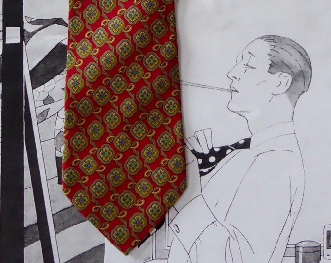 Nick Bronson silk tie. Florentine drawings. Italia. 1980. Classic chic. gold and blue rust.