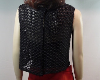 Black sleeveless bodice. Crochet and ribbon top. Vintage translucent mesh top. Year 1950.