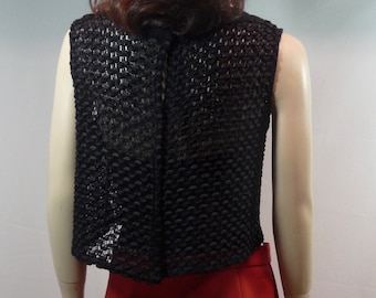 Black sleeveless bodice. Crochet and ribbon top. Vintage translucent mesh top. 1950s.