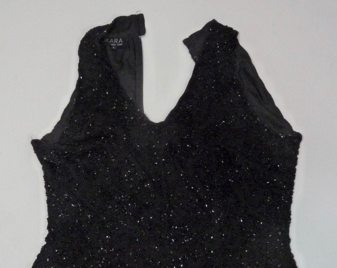 jkara New York. Black beaded sleeveless jacket. chic camisole. 1990 wide V-neck.