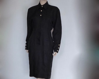 Claude Montana black linen shirt dress. Paris. 1980. New wave fashion. New wave clothing.