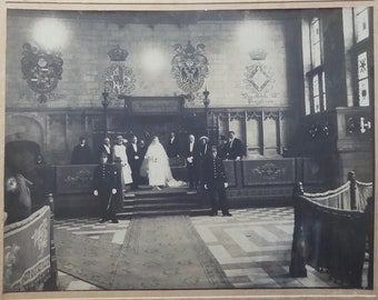 Large Black and White Wedding Photograph 1920. Ghent City Hall. Belgium. 1920 Wedding Dress. 1920 Hat. Vintage Wedding Ceremony.