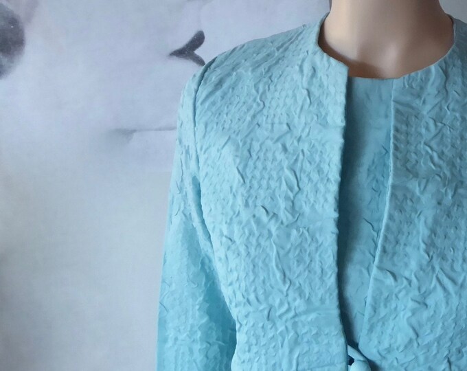 Powder blue 1960s dress and jacket set. Sleeveless dress. Sixties long sleeved jacket. Very cheerful California Mod's 1960s. Audrey Hepburn style