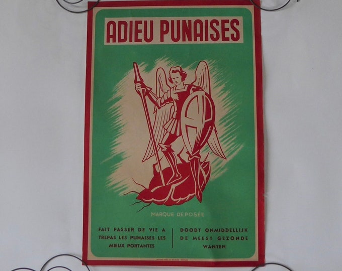 Angel poster Original advertisement 1930. Marci. Goodbye Bedbugs. Saint Michael Angel. Vintage Belgian poster.