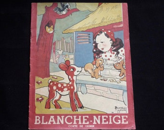 Snow White. By Béatrice Mallet. Published by Gordinnes. 1944. Grimm's Fairy Tale. Vintage children's book. Madeleine Charlier. Forties. Fawn. Squirrel