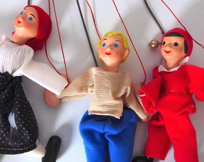 9 puppets with metal straps and string. 1970. Vintage theater puppet. Hansel and Gretel.
