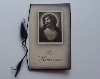 Funeral card. In Memoriam. 1930. Embossed paper. Jesus Christ. Mass offering. Printed in Germany. Religious heritage. Death.