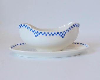 Nimy porcelain sauce boat with blue checkered pattern. Imperial and royal manufacture. Made in Belgium. 1930. Art deco tableware. Vintage kitchen.
