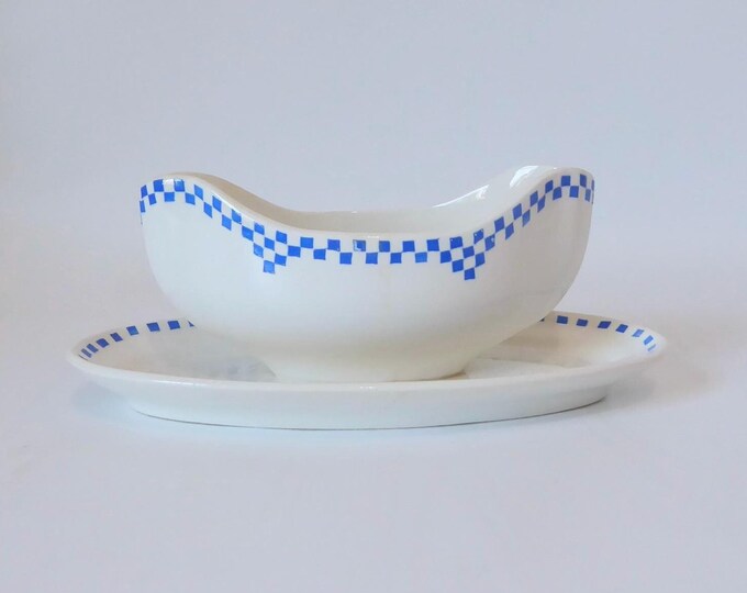 Nimy porcelain sauce boat with blue checkered pattern. Imperial and royal manufacture. Made in Belgium. 1930. Art deco tableware. Vintage kitchen.