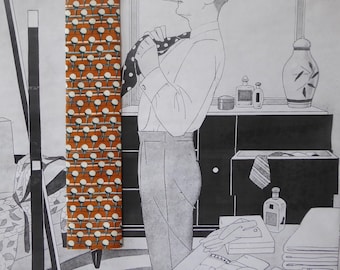 Vintage ochre tie. Golf tee pattern. Rooster. Square end. 1980s. Cotton and polyester. New wave style