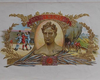 Advertising poster. Cigar box logo 1920-1950. Netherlands. SportWereld. Football. Cycling. Lithograph. Roman Emperor. Laurel wreath.