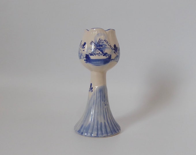 Delft candle holder in the shape of a tulip. Hand painted. Holland. 1980. Vintage candle holder