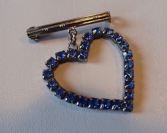 Hanging heart brooch. Blue rhinestones. Lapel pin. Fifties jewelry. Lapel pin. Heart medallion. Valentine's Day jewelry.