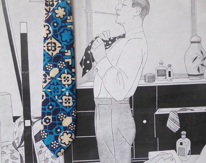 Vintage Lanvin tie. Silk printed with flowers and modern mosaic. Sixties. Turquoise, navy blue and cream and white. Paris. Kravacolluphilie.