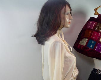 Nuna Barran Blue Bird Dress cream white blouse 1980s country style vaporous crepe fabric long sleeves boho chic hippie bohemian