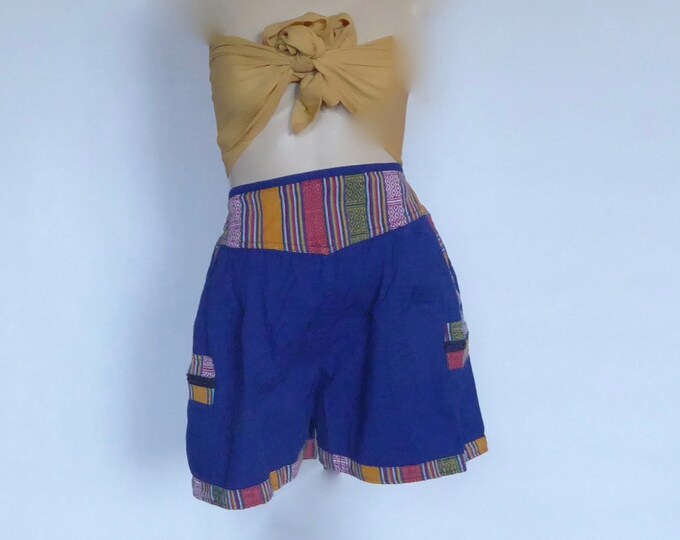 Vintage indigo cotton shorts. Guatemala pattern-colored weaving.  Eclectic hippie style 1970. Etnic.