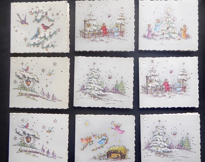 Vintage Christmas gift cards bundle. Litho miniatures. Canada. 1960. Christmas tree labels. Sequin. Angelot. Creche. Christmas tree.