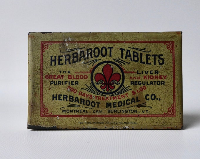 Metal drug box. Herbaroot Tablets. 1920. The Thos Davidson MFG Co. Litho.