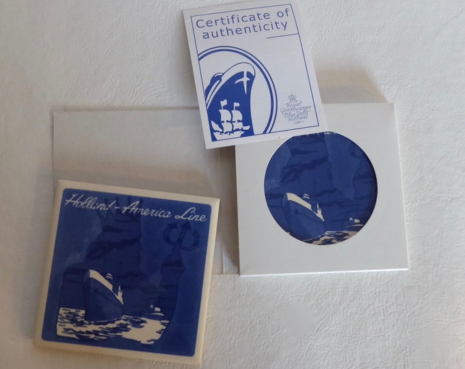 Holland America Line. 2 Delft Blue ceramic tile coasters. 1980s. Ocean liner. Cruise ship owner souvenir.