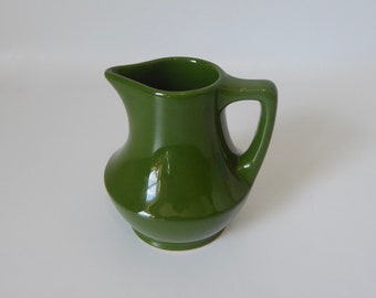 Water pitcher, vintage olive green ceramic milk jug. Beauce. Canada. Year 1960. Mid Century pitcher. Vintage milk jug.