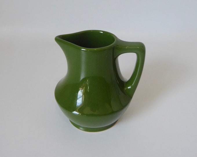 Water pitcher, vintage olive green ceramic milk jug. Beauce. Canada. Year 1960. Mid Century Pitcher. Vintage milk jug.