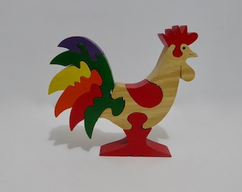 3D wooden rooster puzzle. Multicolored. 9 pieces. 1990.
