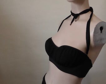 Vintage balconette bustier. Shan 1990 black draped wicking fabric