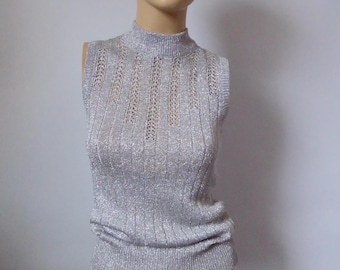 Marella Knits tank top, vintage silver metallic rayon knit with lurex