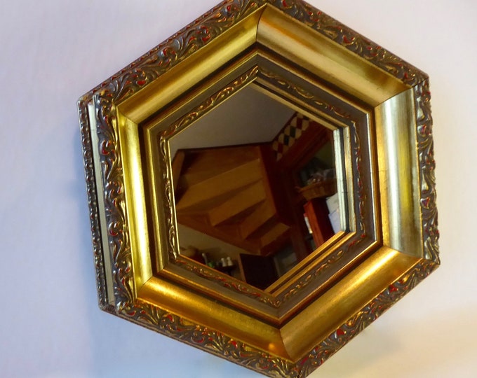 Hexagonal Frame Mirror. Gilded worked plaster on wood. Christel Galleries of fine Art ltd. Made in Canada.