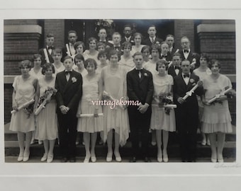 Large monochrome photograph. Graduation. Group of young men, young women 1920-30. Original Signed Chandler. St.Albans, Vermont.