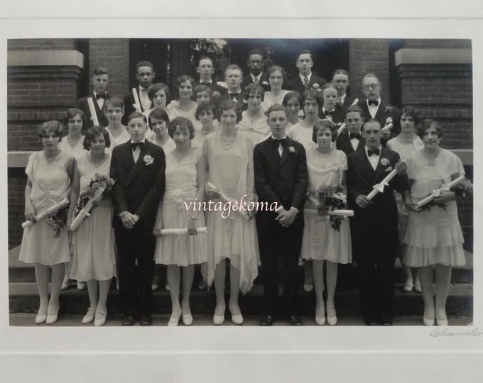 Large monochrome photograph. Graduation. Group of young men, young women 1920-30. Original Signed Chandler. St.Albans, Vermont.
