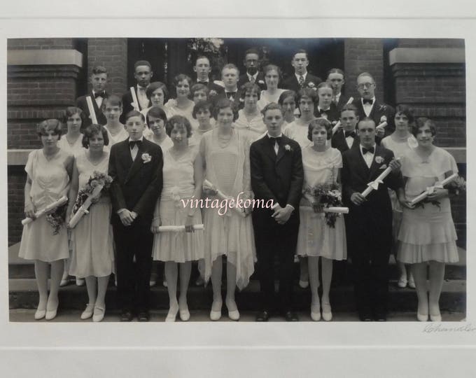 Large monochrome photograph.Graduation. .Group of young men, young women 1920-30. Original Signed Chandler. St. Albans, Vermont.