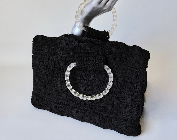 Vintage black crocheted handbag with acrylic handle, lucite. Year 1940