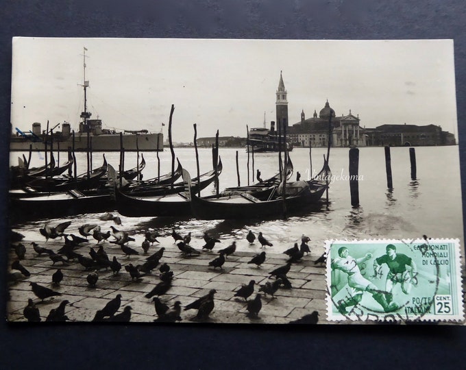 Postcard Venice.Isola San Giorgio Maggiore.Stamp 1934.Campionati mondiali di Calcio.Gondola.Doge's Palace. Steamboat. Military.