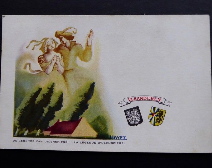 Postcard Belgian legends. No.4. 1945. The legend of Ulenspiegel. Vlaanderen. Stamp 10c. Belgian lion. Illustration J.Hayez. Heraldry