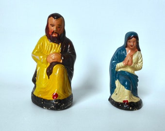 Vintage nativity scene character. Paper mache. Plaster. Hand painted. 1930. Santon. Virgin Mary. Saint Joseph.