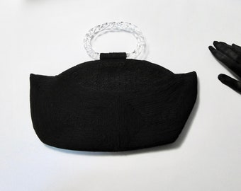 Genuine corded handbag by Luxor black oval handles acrylic lucite 1940