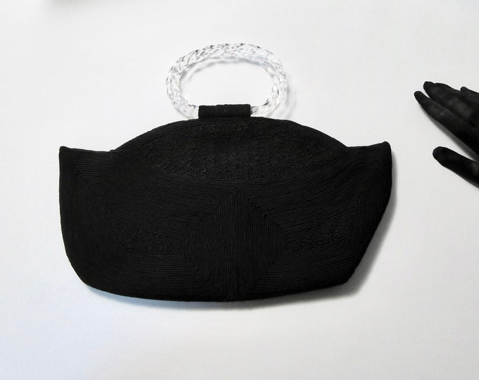Genuine corded handbag by Luxor black oval handles acrylic lucite 1940
