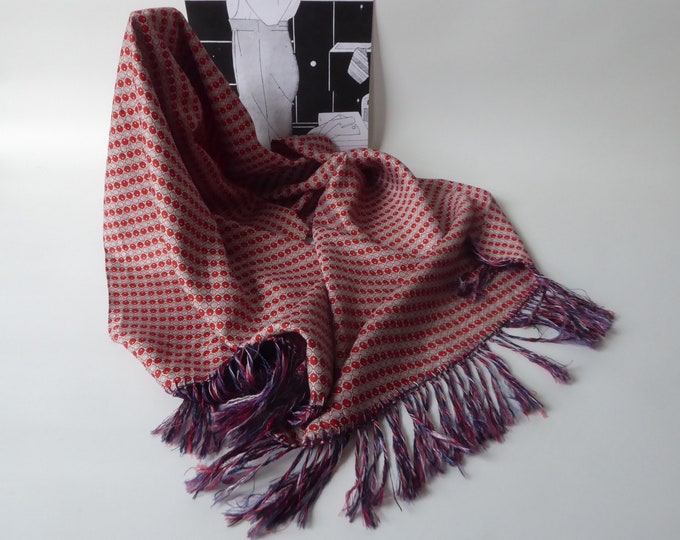 Satin polka dot scarf. Dandy scarf with red, grey and singly fringes. Vintage men's scarf. 1950 unisex evening scarf.