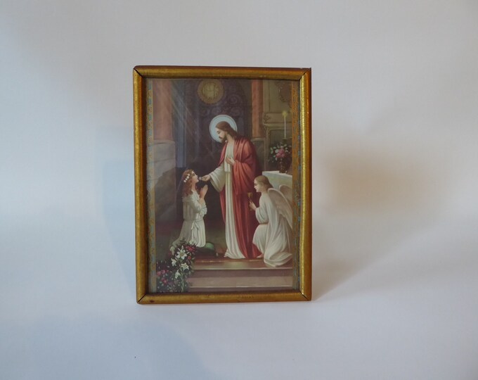 Religious frame. Jesus giving communion. Made in Germany. Year 30. Gilded metal frame. Angel. Religious ceremony. Religious art.