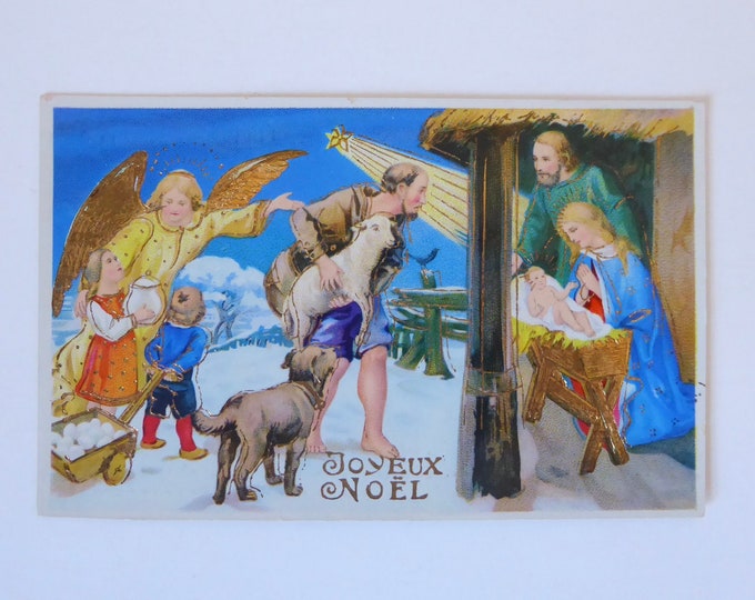 Carte postale de Noël Allemagne vintage.  Crèche de Noël. Ange. Vierge Marie. Enfant Jésus. Joyeux Noël.