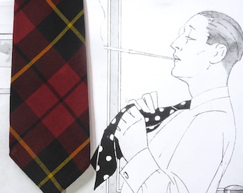 Vintage Woolbrooke Worsteds pure botany wool tie woven in Scotland. Henry Morgan co limited. Ramsay scottish tartan. red black yellow