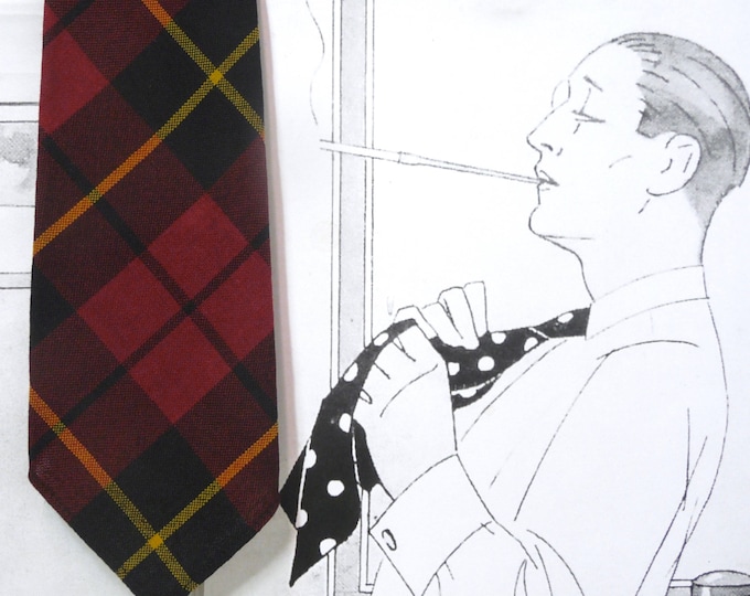 Vintage Woolbrooke Worsteds pure botany wool tie woven in Scotland. Henry Morgan co limited. Ramsay scottish tartan. red black yellow