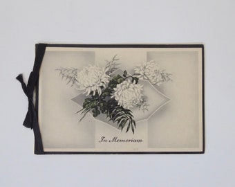 Funeral card. In Memoriam. 1930. Made in Germany. Floral bouquet and peony. Sympathy card. Religious heritage.