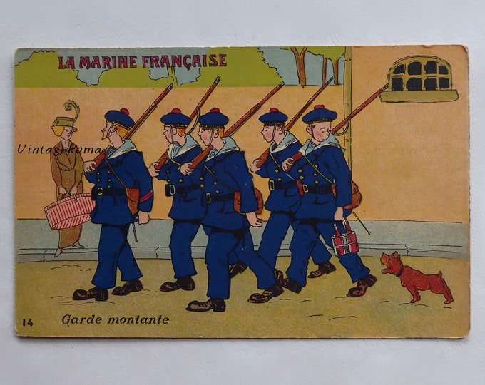 Postcard first world war.1914-18. The French Navy. Navy military. Rising guard. Soldier. Dog. War correspondence.