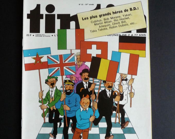 Tintin Journal. Hergé. 33rd year n.22. 1978. Belgian Edition. Games without borders. Belgian flag. French flag. Swiss. Italy. Germany