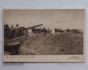 Photo of a cannon from the First World War. 1914-18. Sepia postcard. Daily Mail official war pictures. Australian Army. Cavalry. War photo.