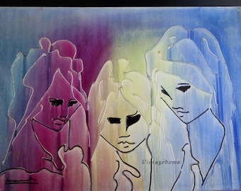 Acrylic on vintage cardboard. Pop art. Contemporary art. 1970. High flow acrylics. Signed Manuel. Portrait trio woman. Trinity. Seventies