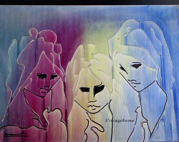 Acrylic on vintage cardboard. Pop art. Contemporary art. 1970. High flow acrylics. Signed Manuel. Portrait trio woman. Trinity. Seventies